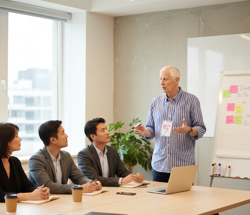 Facilitator leading a storytelling circle in a modern London office